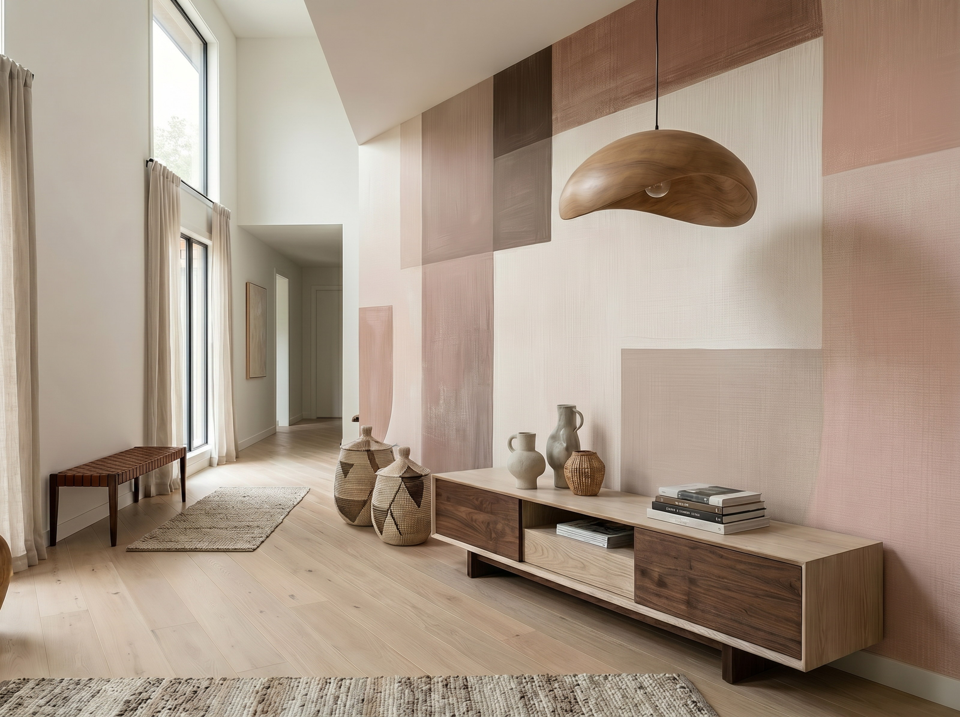 Aya Warmth Japandi mural wallpaper, soft warm blush and neutral tones on a bedroom wall