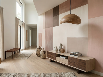Aya Warmth Japandi mural wallpaper, soft warm blush and neutral tones on a bedroom wall