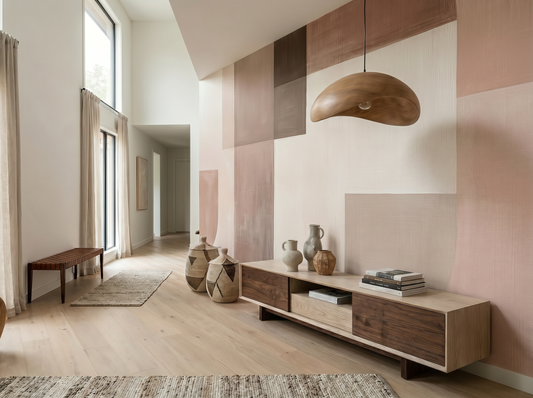 Aya Warmth Japandi mural wallpaper, soft warm blush and neutral tones on a bedroom wall