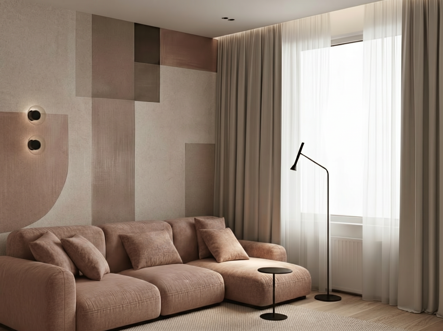Aya Warmth Japandi mural wallpaper styled in a living room setting