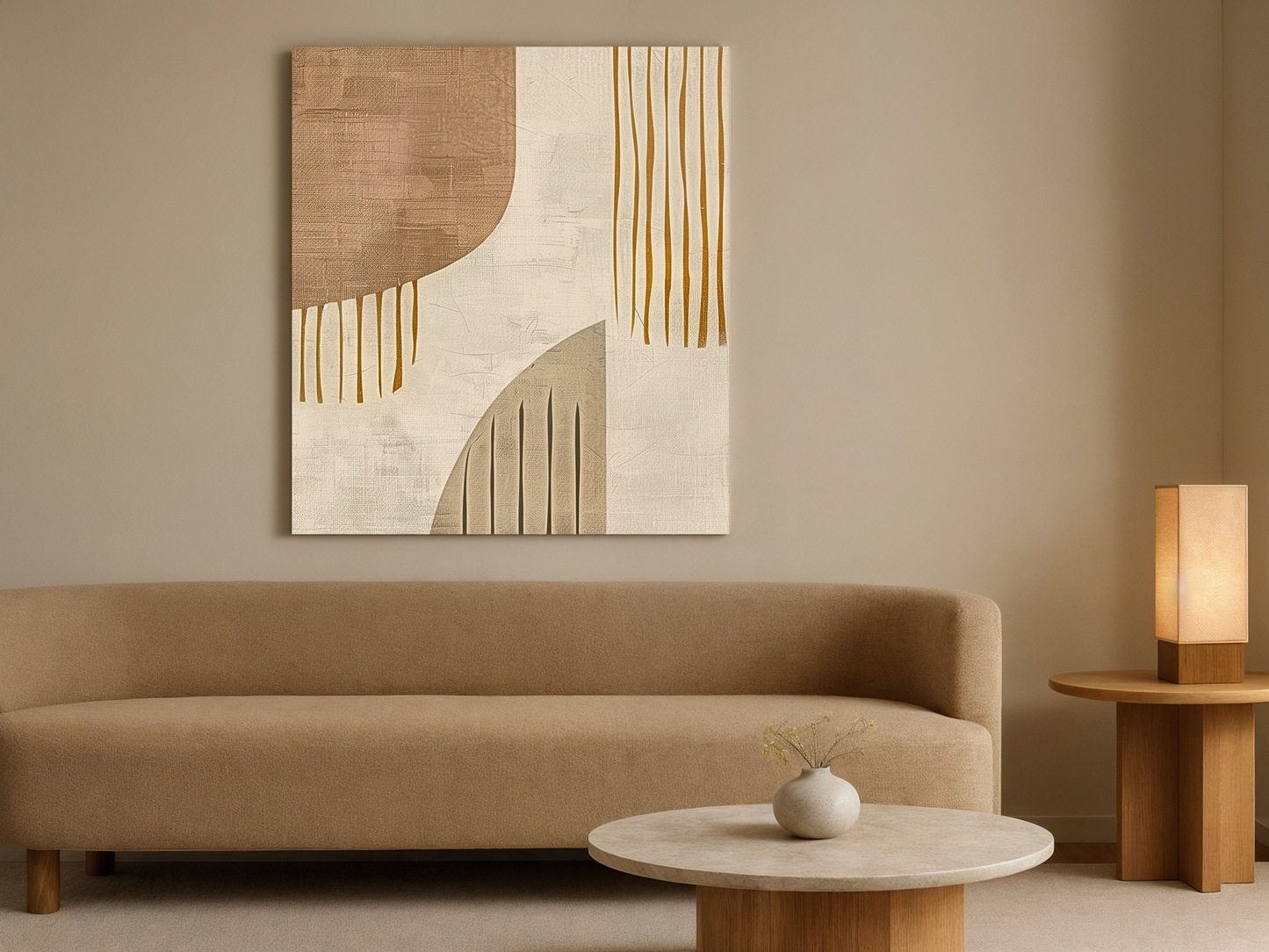 Golden Cascade Japandi wooden wall art styled in a bedroom setting
