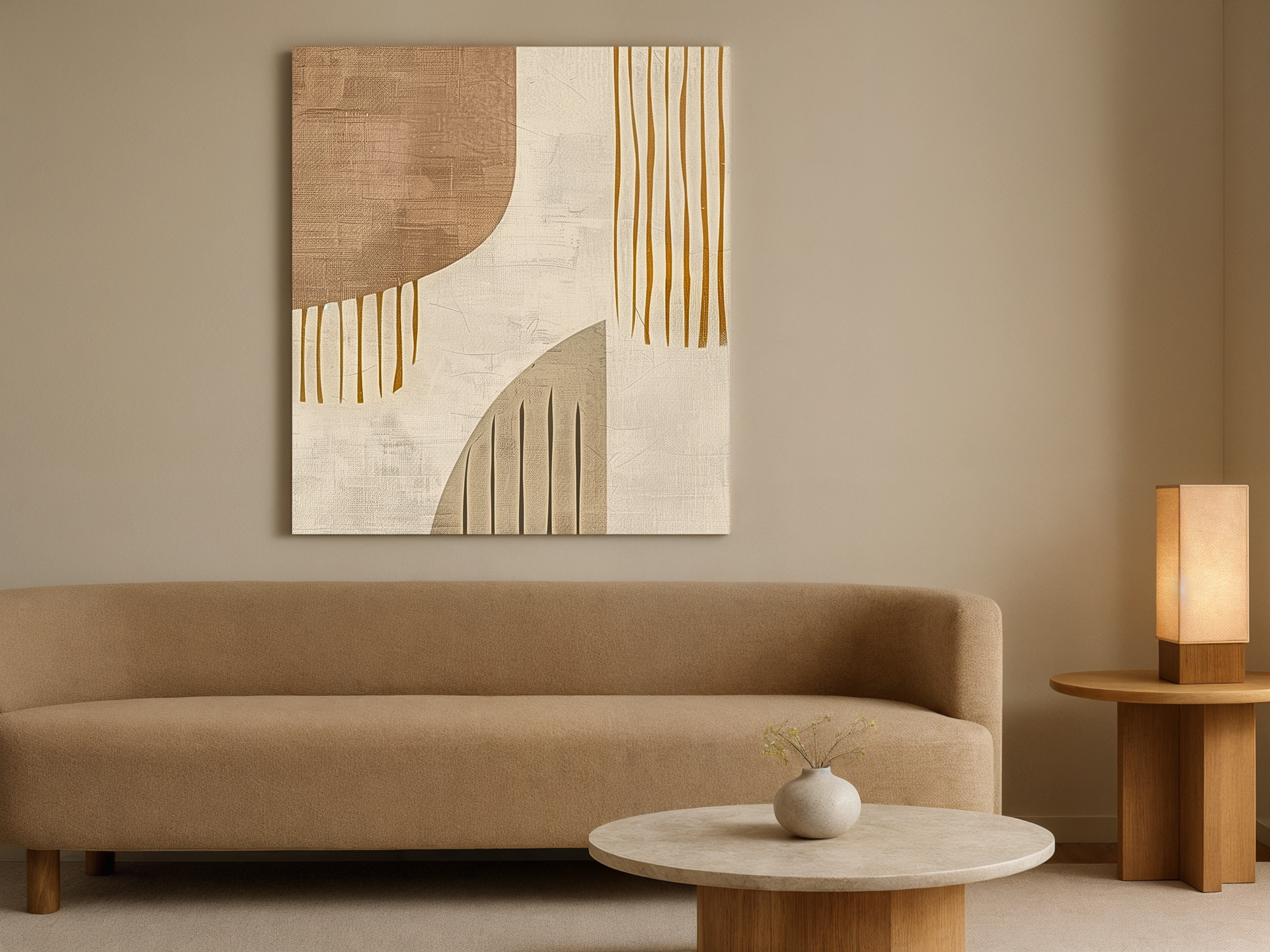 Golden Cascade Japandi wooden wall art styled in a bedroom setting