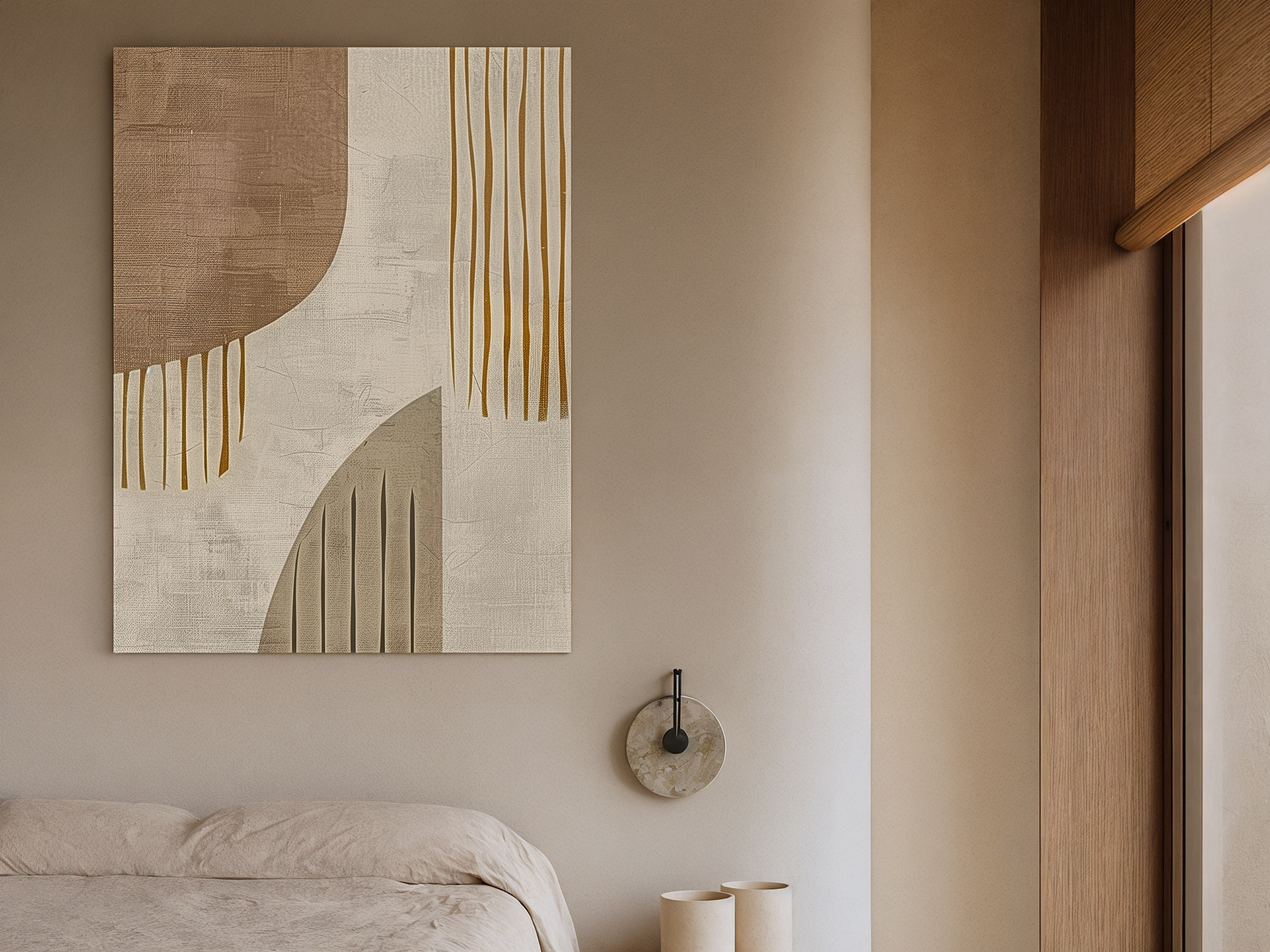 Golden Cascade Japandi wooden wall art, flowing lines in earthy tones on a living room wall