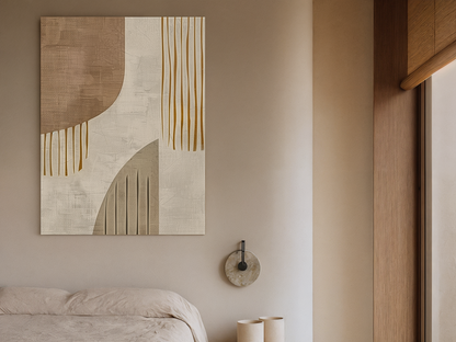 Golden Cascade Japandi wooden wall art, flowing lines in earthy tones on a living room wall