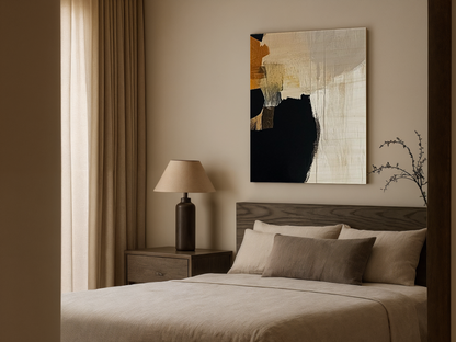 Eclipse of Shadows Japandi wooden wall art, bold light and dark abstract form on a living room wall