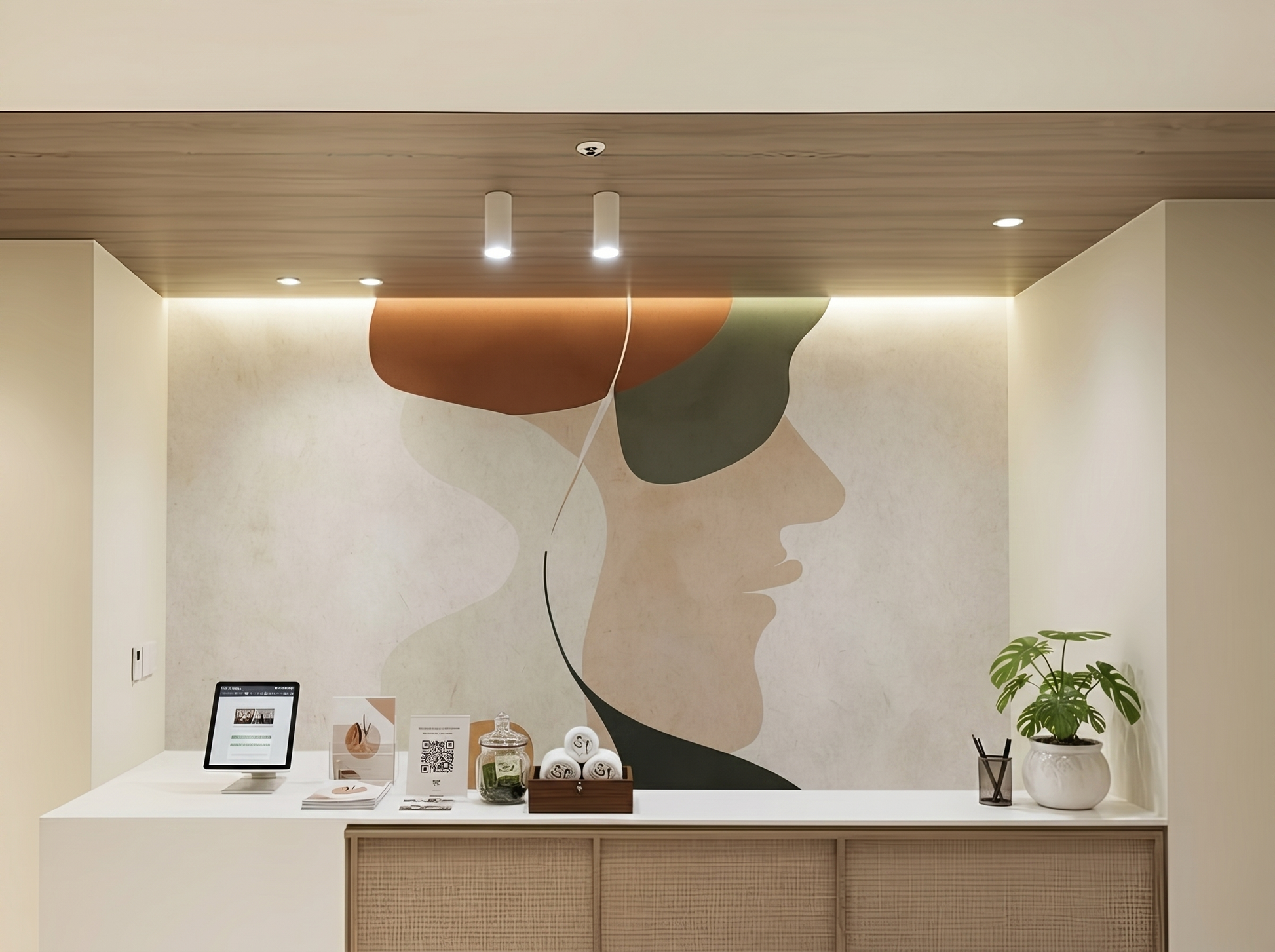 Chihiro Whisper Japandi wall mural, soft line-drawn human form in neutral tones on a yoga studio wall