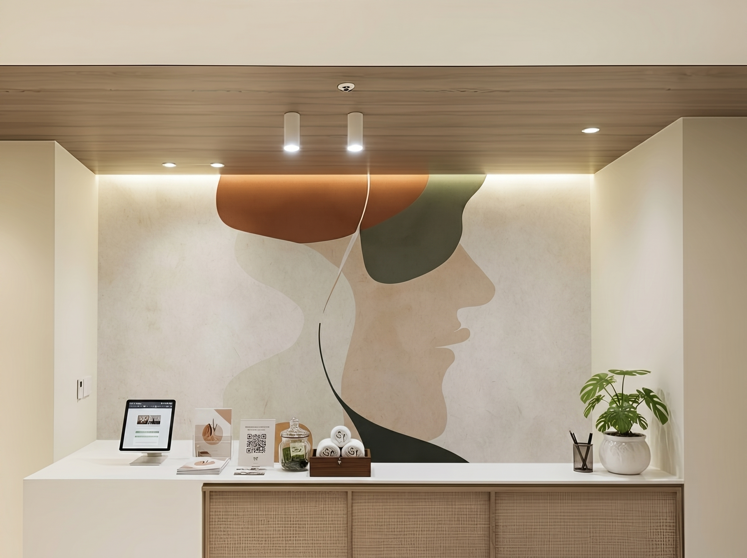 Chihiro Whisper Japandi wall mural, soft line-drawn human form in neutral tones on a yoga studio wall