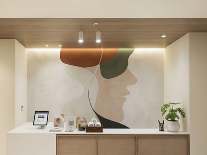 Chihiro Whisper Japandi wall mural, soft line-drawn human form in neutral tones on a yoga studio wall