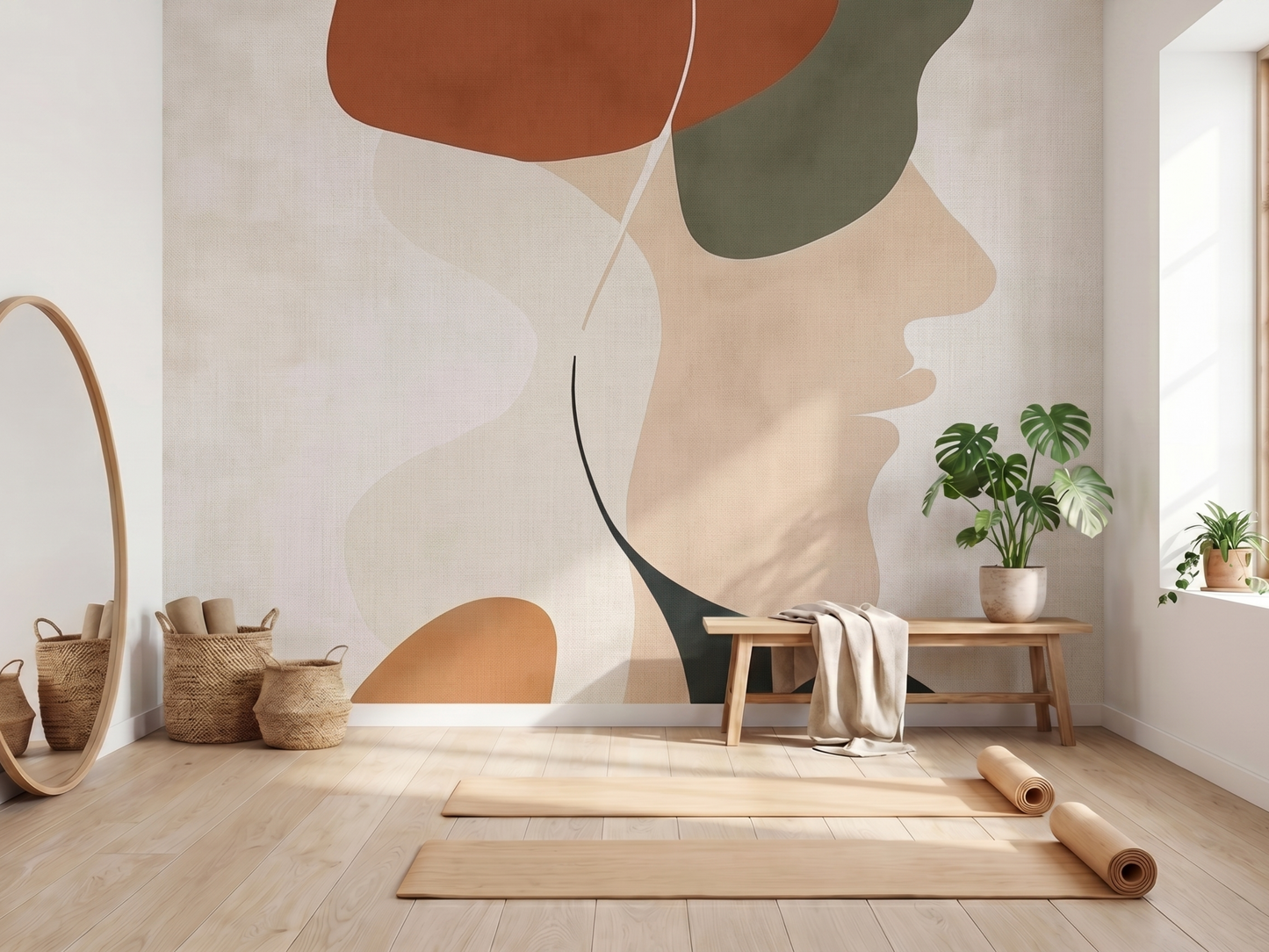 Chihiro Whisper Japandi wall mural styled in a pilates studio setting