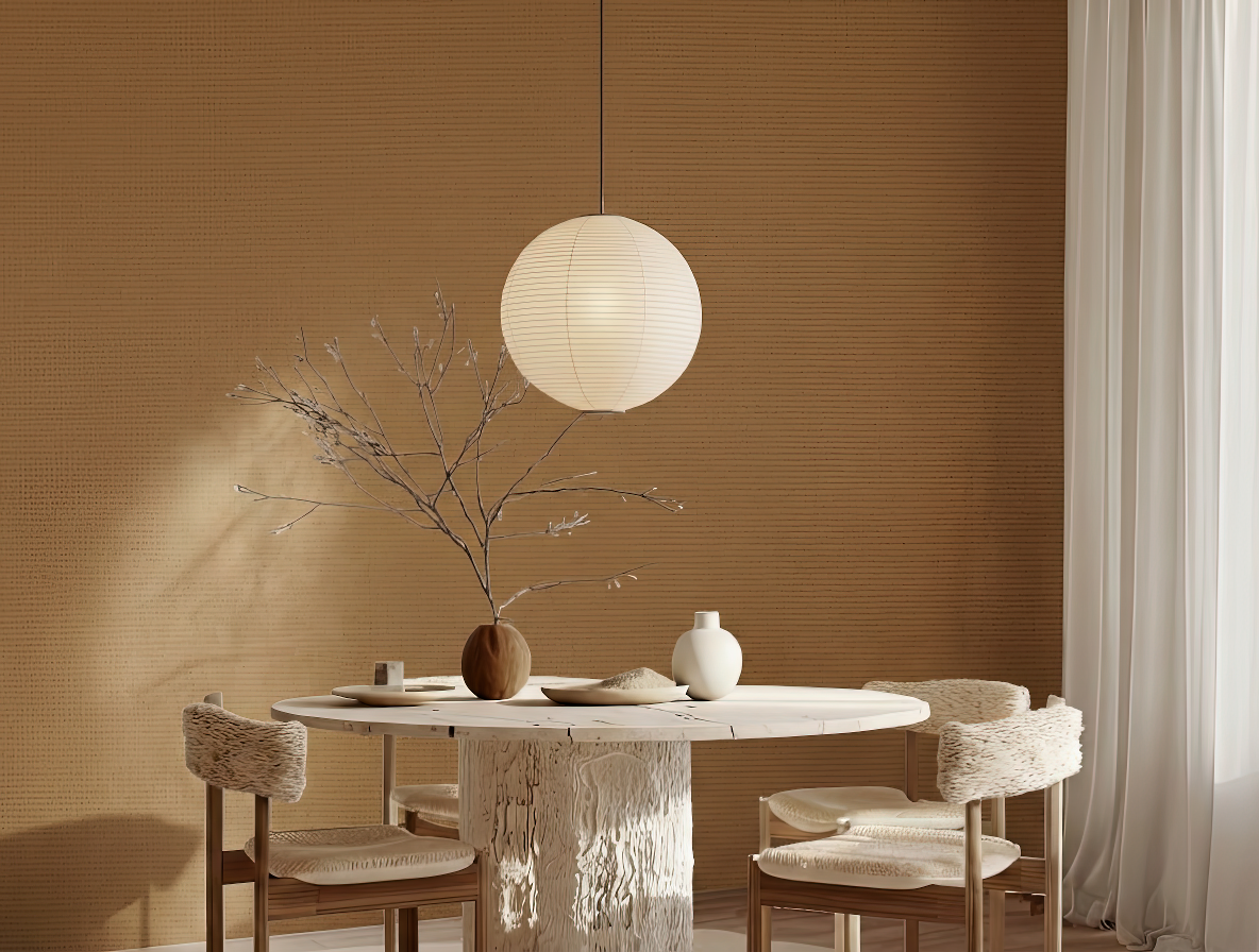 Chojizome Japandi quiet colour wallpaper, warm deep-toned hue on a living room wall