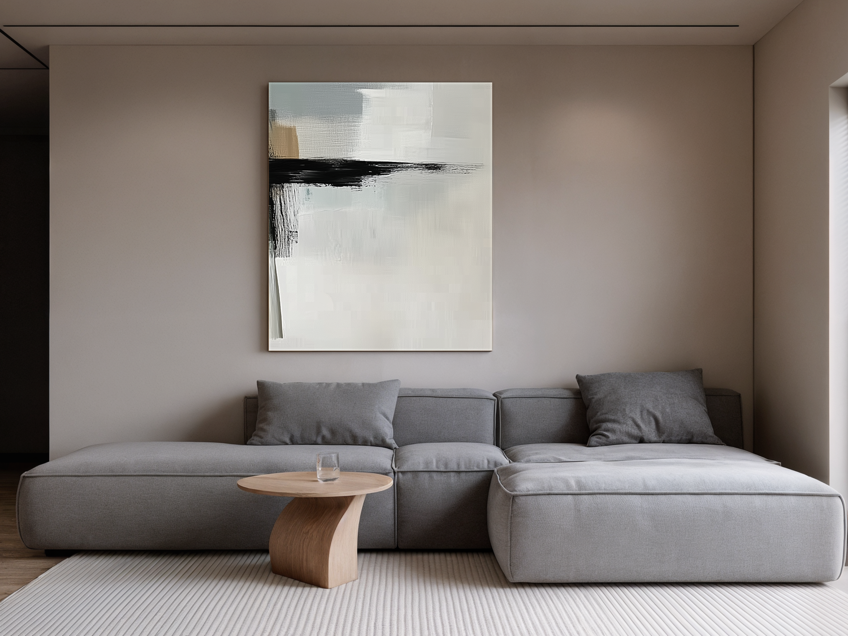 Silent Horizon Japandi wooden wall art, minimalist depth design on a living room wall
