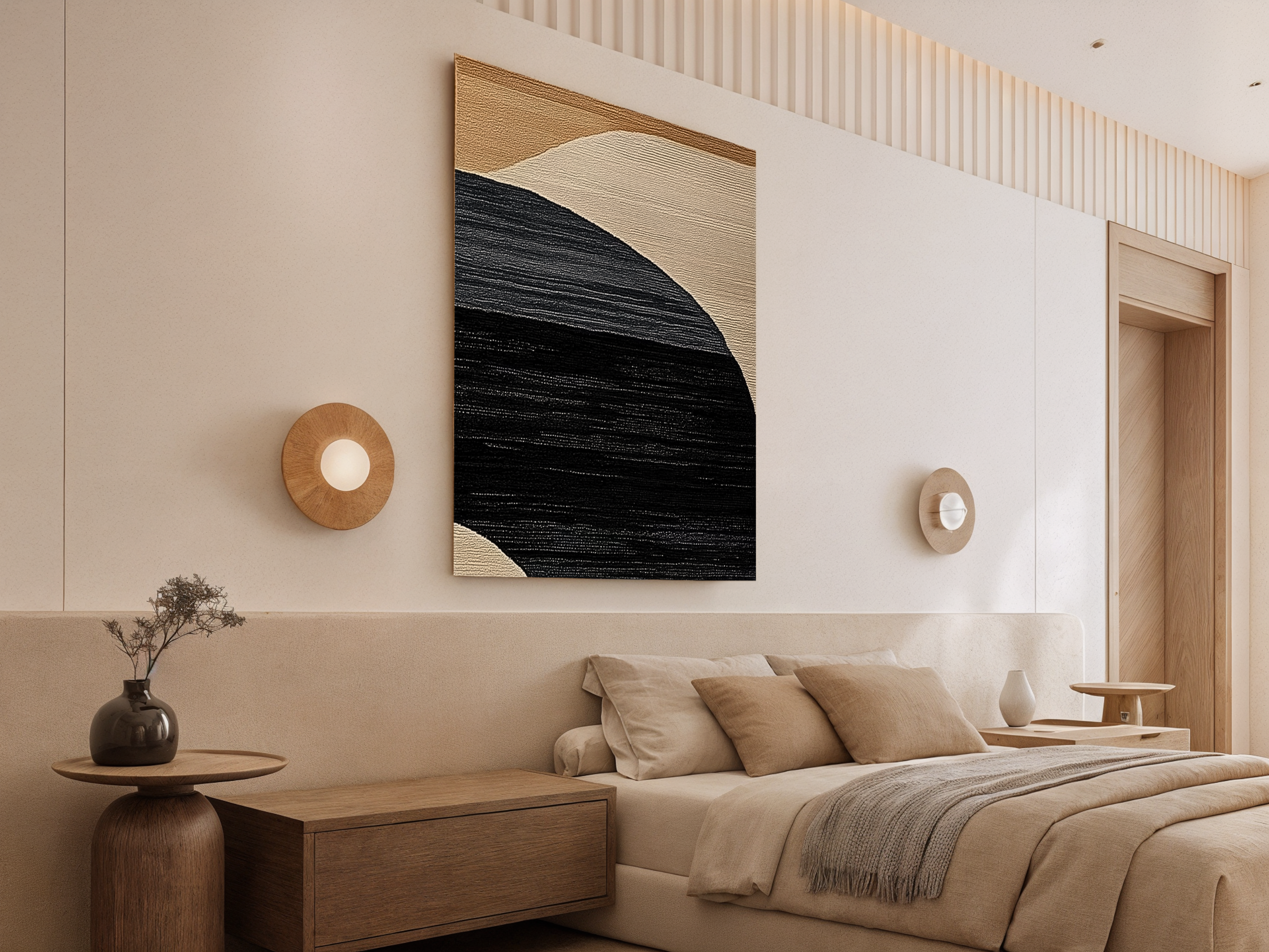 Sunset Waves Japandi wooden wall art, warm glowing wave design on a living room wall