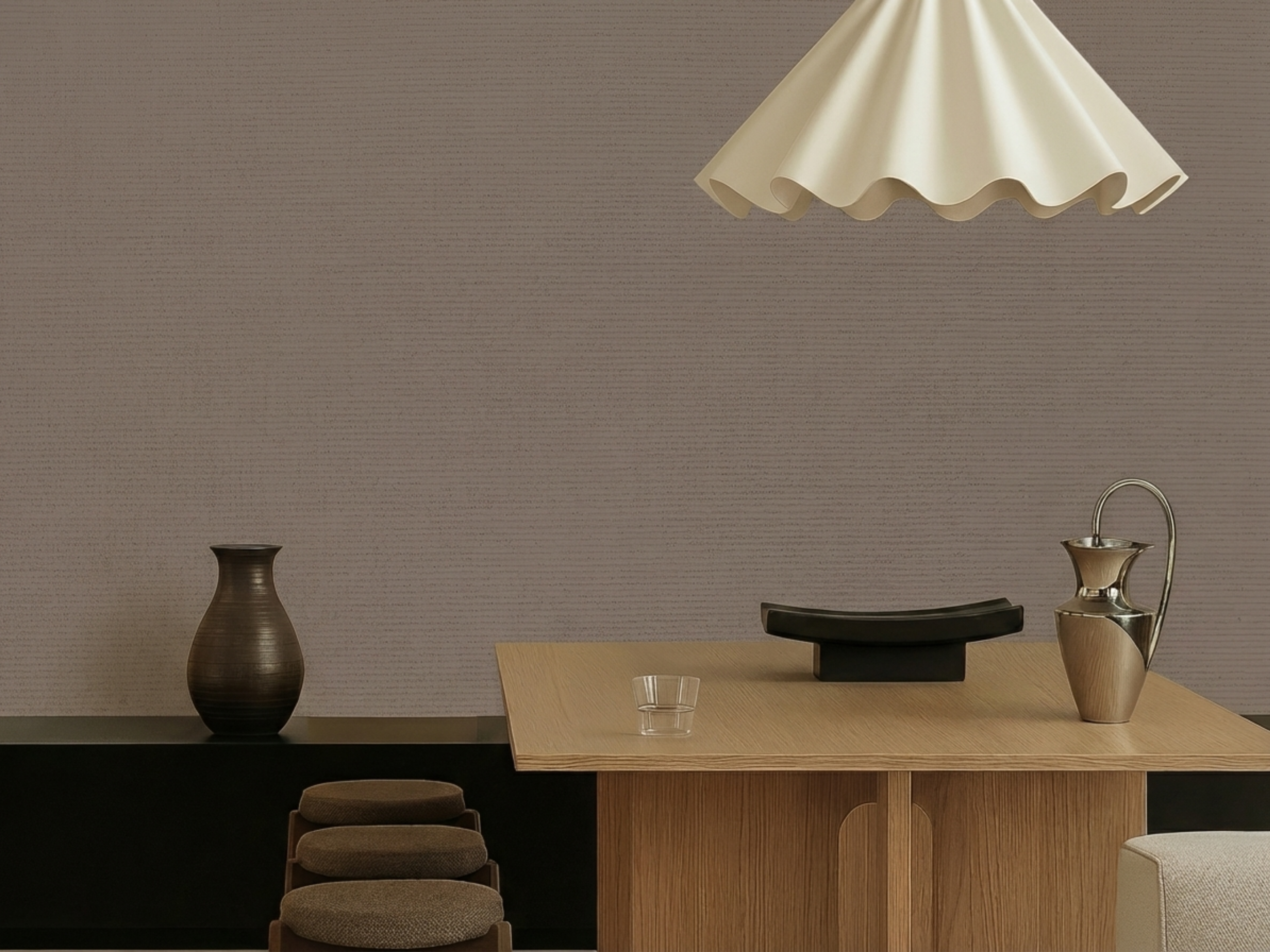Edonozu Japandi quiet colour wallpaper, restrained grey hue on a living room wall