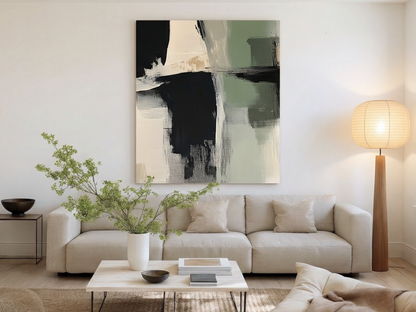 Emerald Veil Japandi wooden wall art styled in a study setting