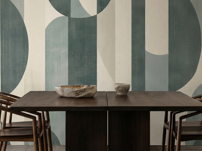 Emi Minimere Japandi mural wallpaper, soft minimal layered forms in neutral tones on a home office wall