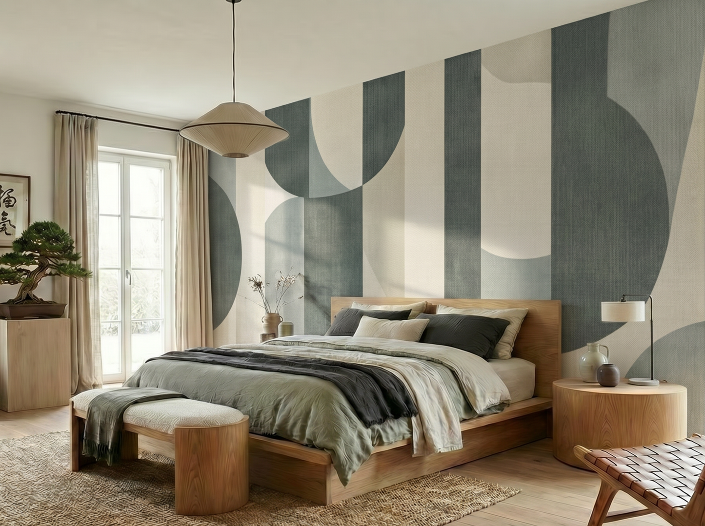 Close-up of Emi Minimere mural wallpaper showing restrained layered form detail