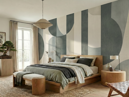 Close-up of Emi Minimere mural wallpaper showing restrained layered form detail