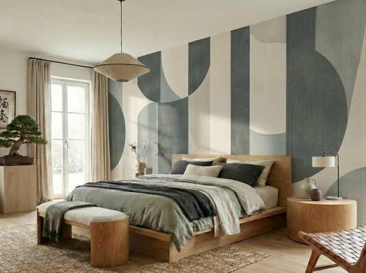 Close-up of Emi Minimere mural wallpaper showing restrained layered form detail