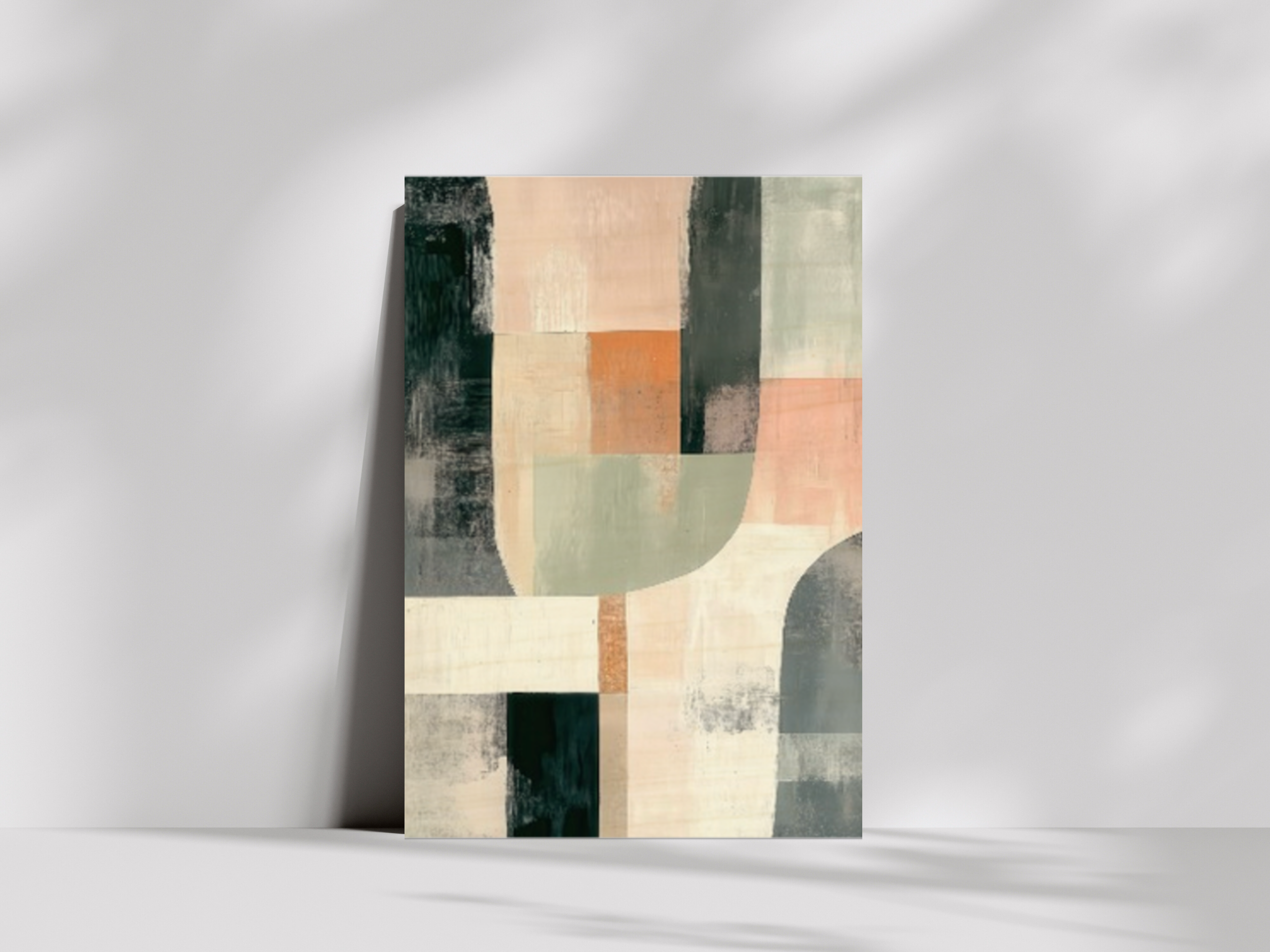 En Horizon Japandi wooden wall art, layered geometric arches in muted sage and clay on a living room wall