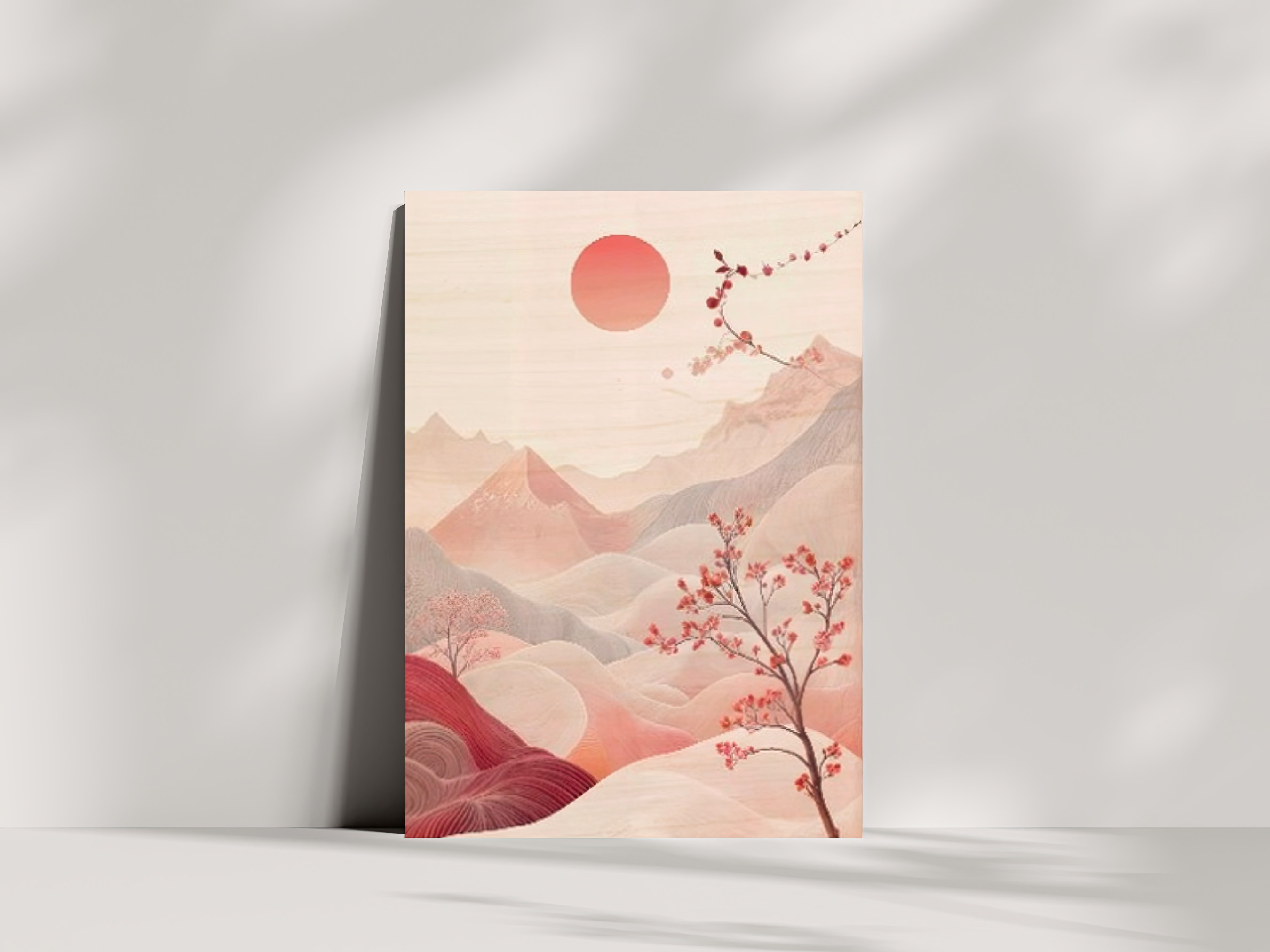 Ethereal Bloom Japandi wooden wall art, soft flowing dune lines in warm neutral tones on a living room wall