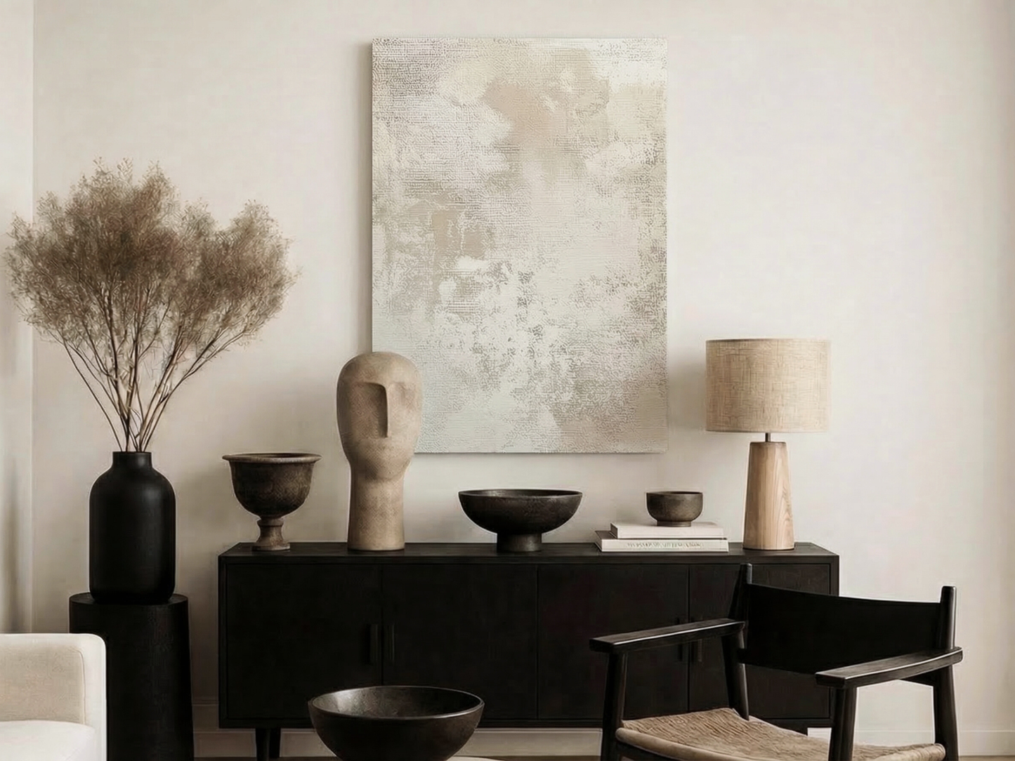 Ethereal Patina Japandi wooden wall art styled in a study setting