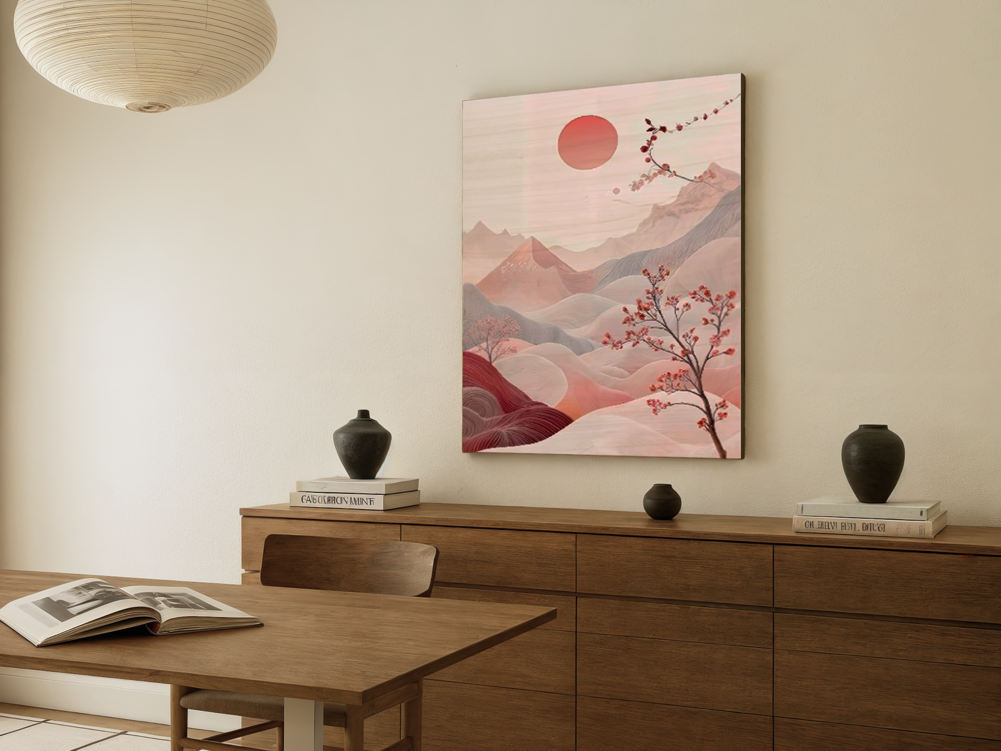 Close-up of Ethereal Bloom wooden wall art showing delicate dune line detail