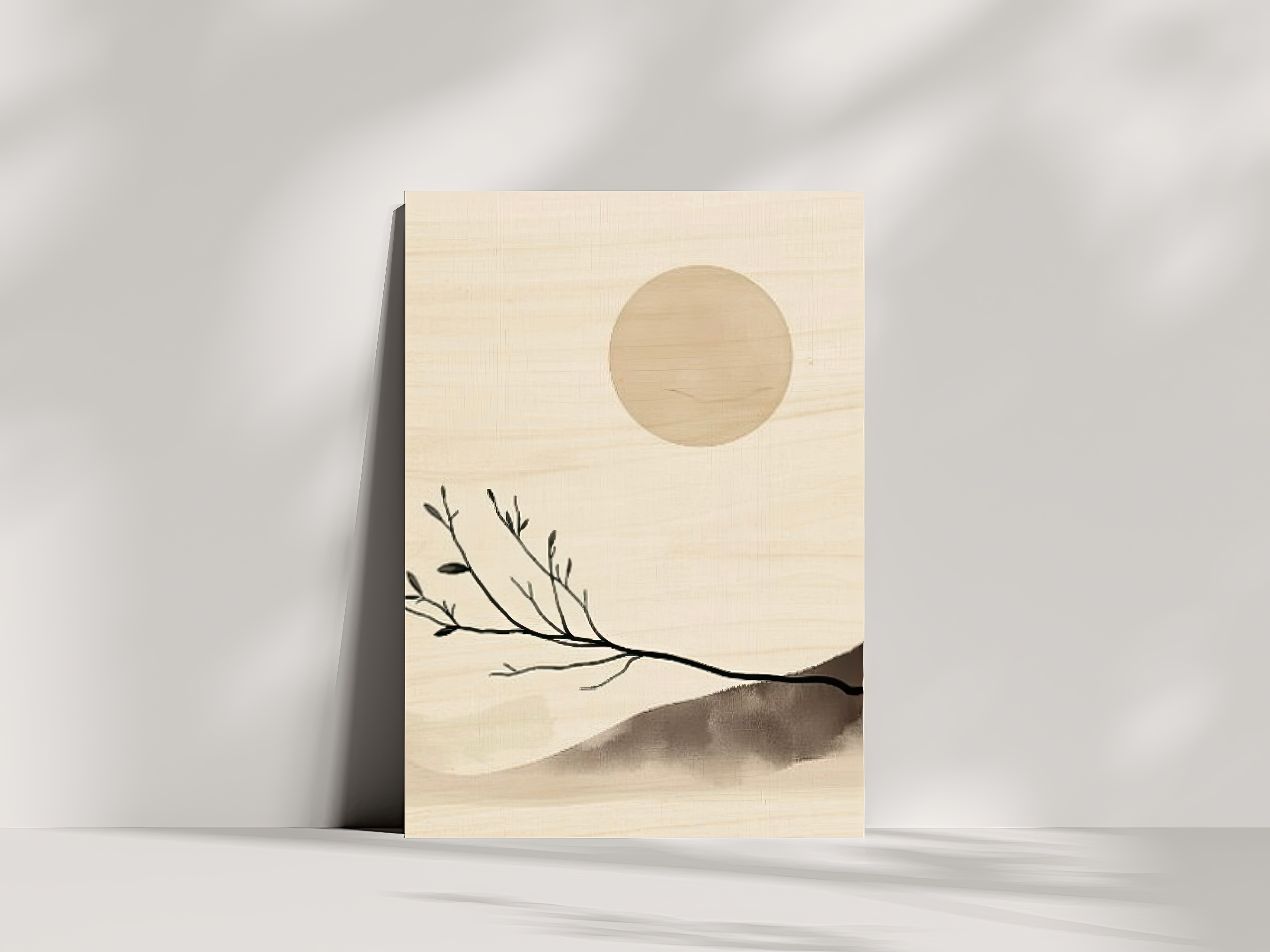 Evening Glow Japandi wooden wall art, windswept branch and glowing moon on a bedroom wall