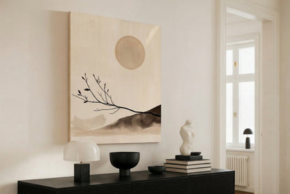 Evening Glow Japandi wooden wall art styled in a living room setting