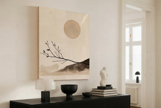Evening Glow Japandi wooden wall art styled in a living room setting
