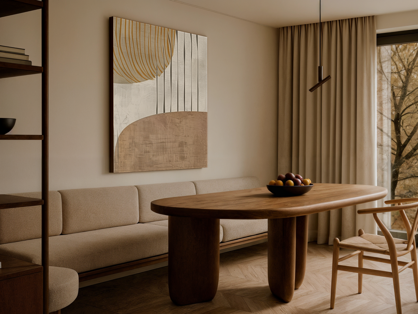 Harvest Flow Japandi wooden wall art styled in a dining room setting