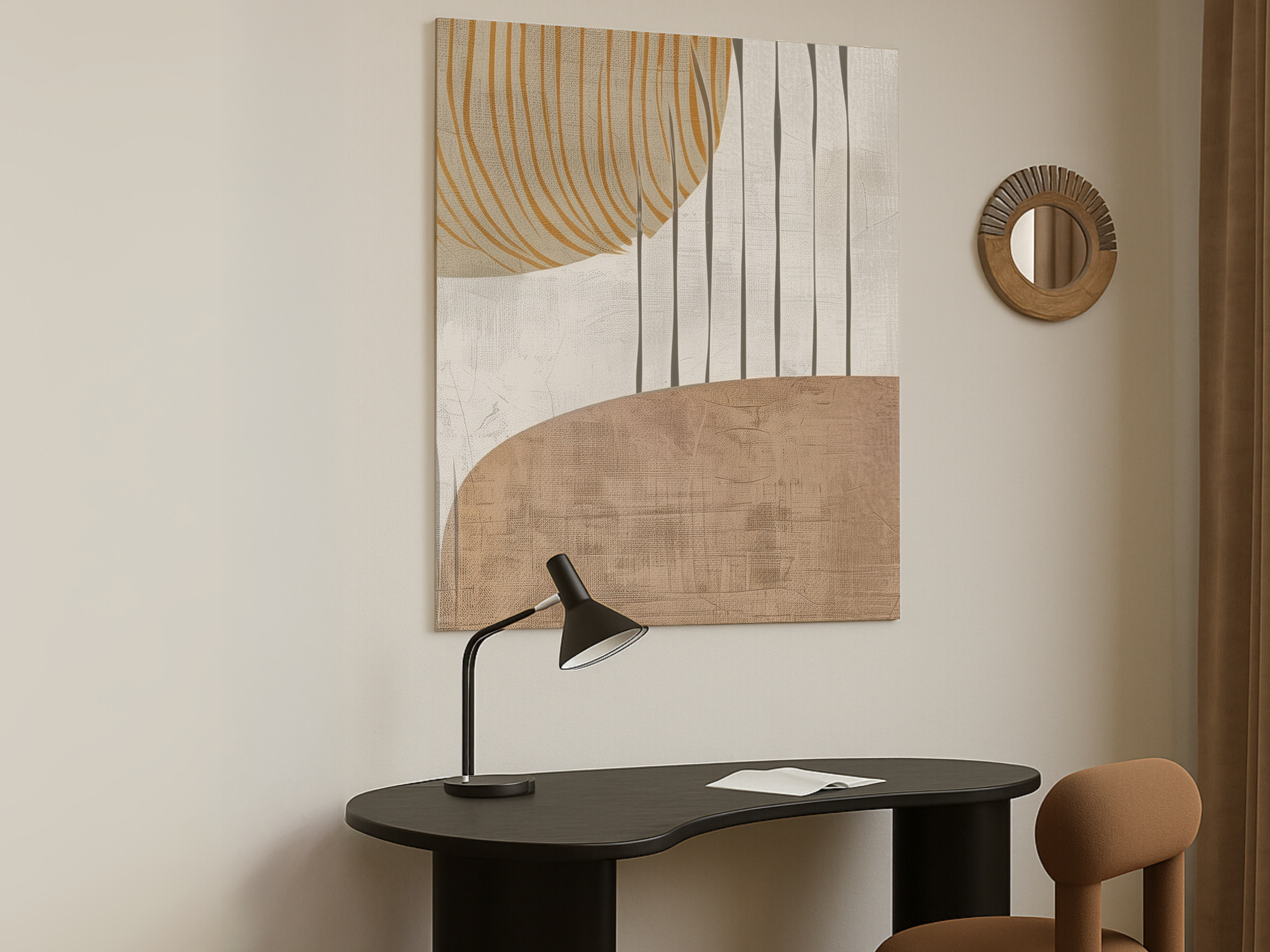 Harvest Flow Japandi wooden wall art, grounded warm design on a living room wall
