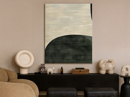 Emerald Drift Japandi wooden wall art, deep green flowing form on a living room wall