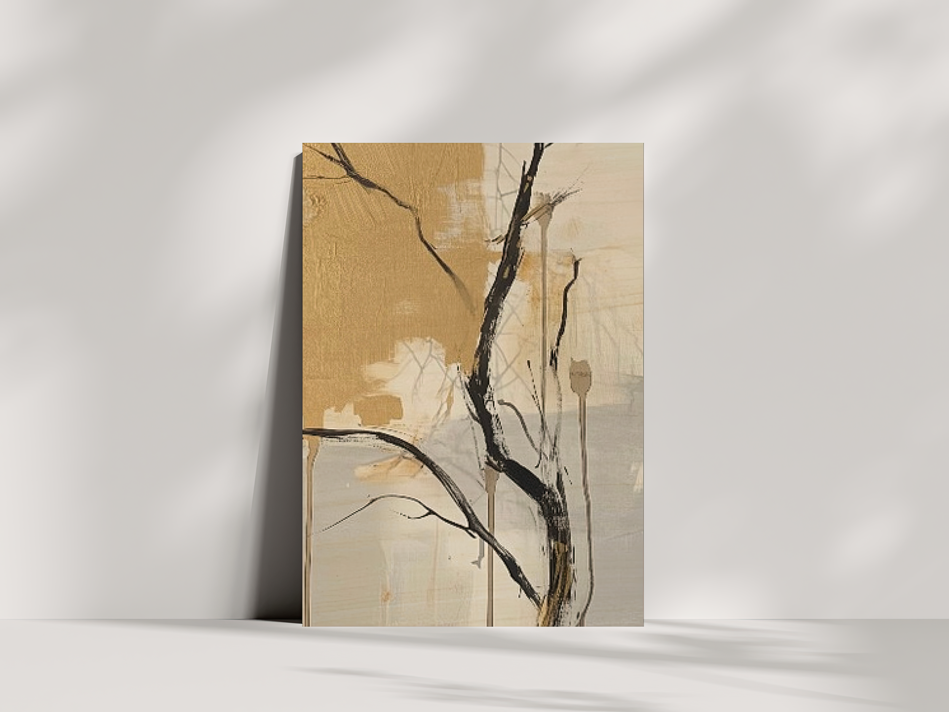 Golden Bough Japandi wooden wall art, grounded earthy design on a living room wall