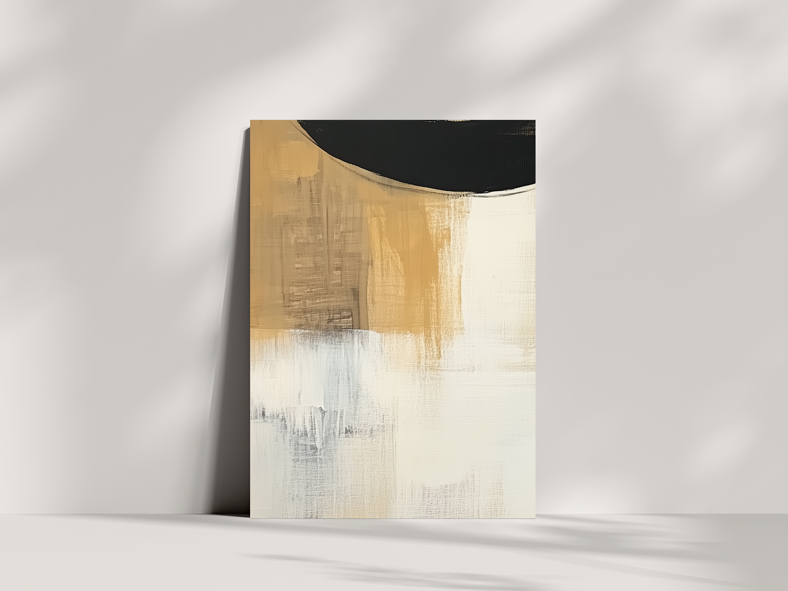Golden Horizon Japandi wooden wall art, warm golden landscape design on a living room wall