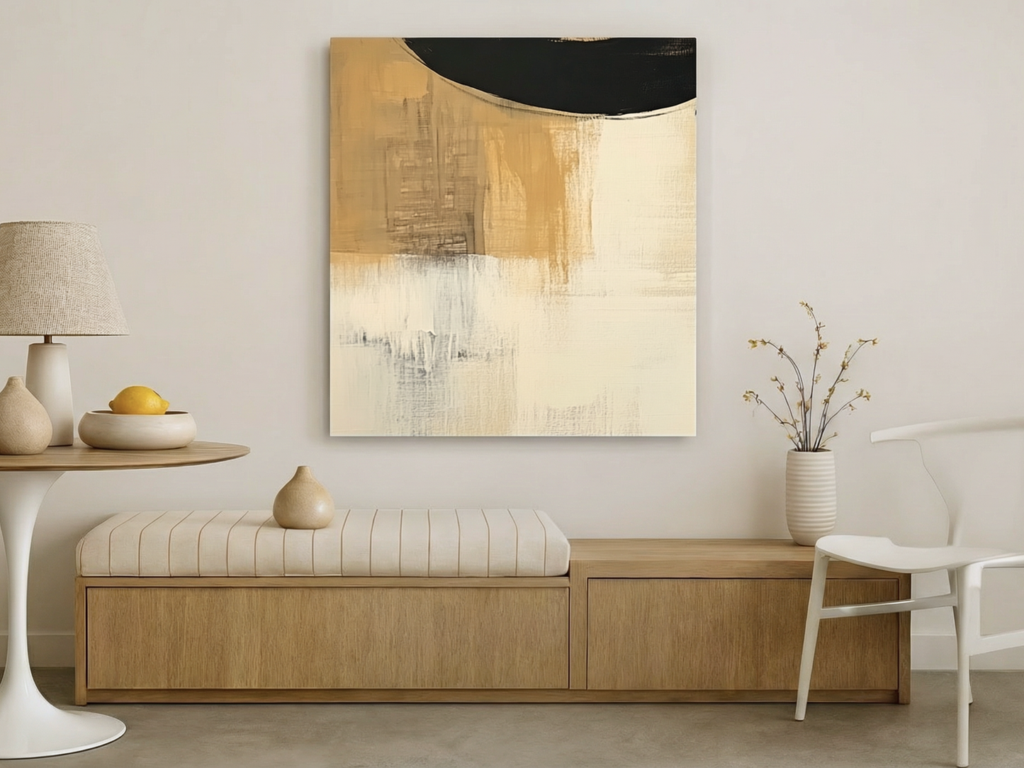 Golden Horizon Japandi wooden wall art styled in a bedroom setting