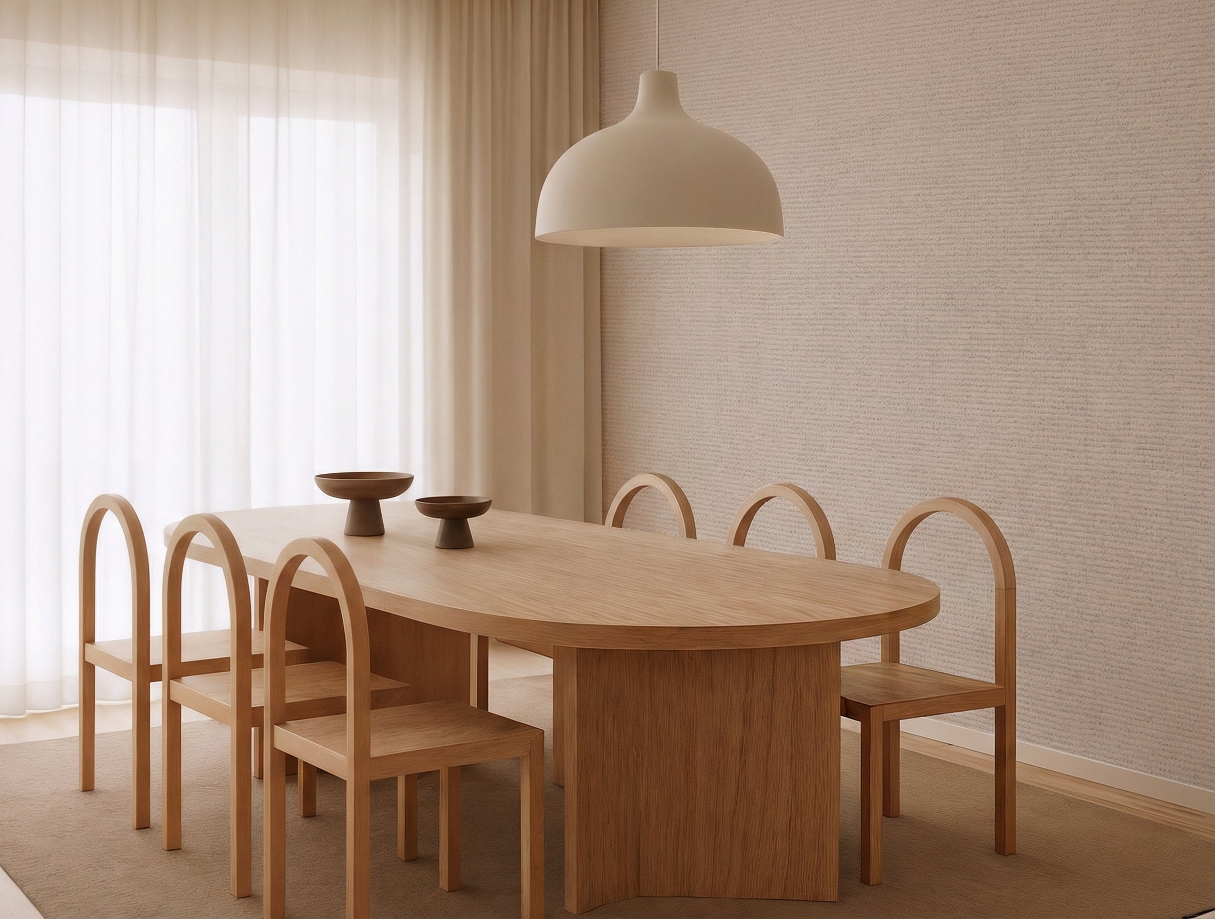 Haiume Japandi quiet colour wallpaper, pale blush-beige hue on a living room wall