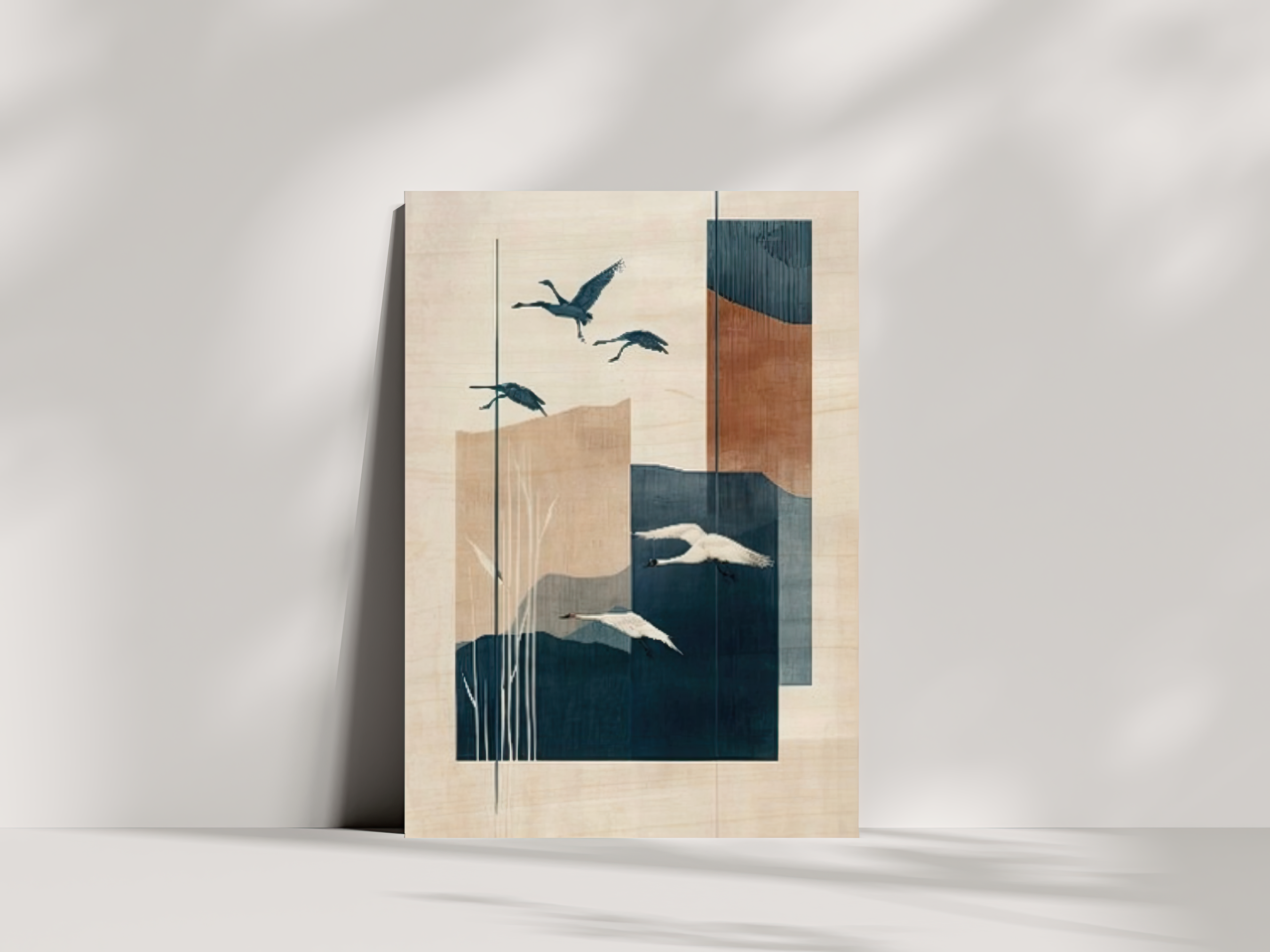 Hakanai Wings Japandi wooden wall art, graceful cranes soaring against misted tones on a living room wall