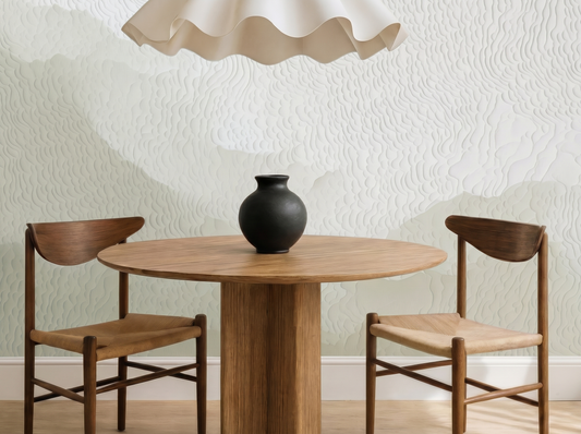 Haku Surface Japandi mural wallpaper, soft flowing relief texture in neutral tones on a living room wall