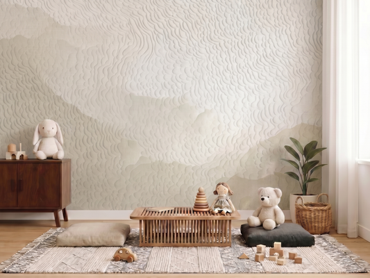 Haku Surface Japandi mural wallpaper styled in a bedroom setting