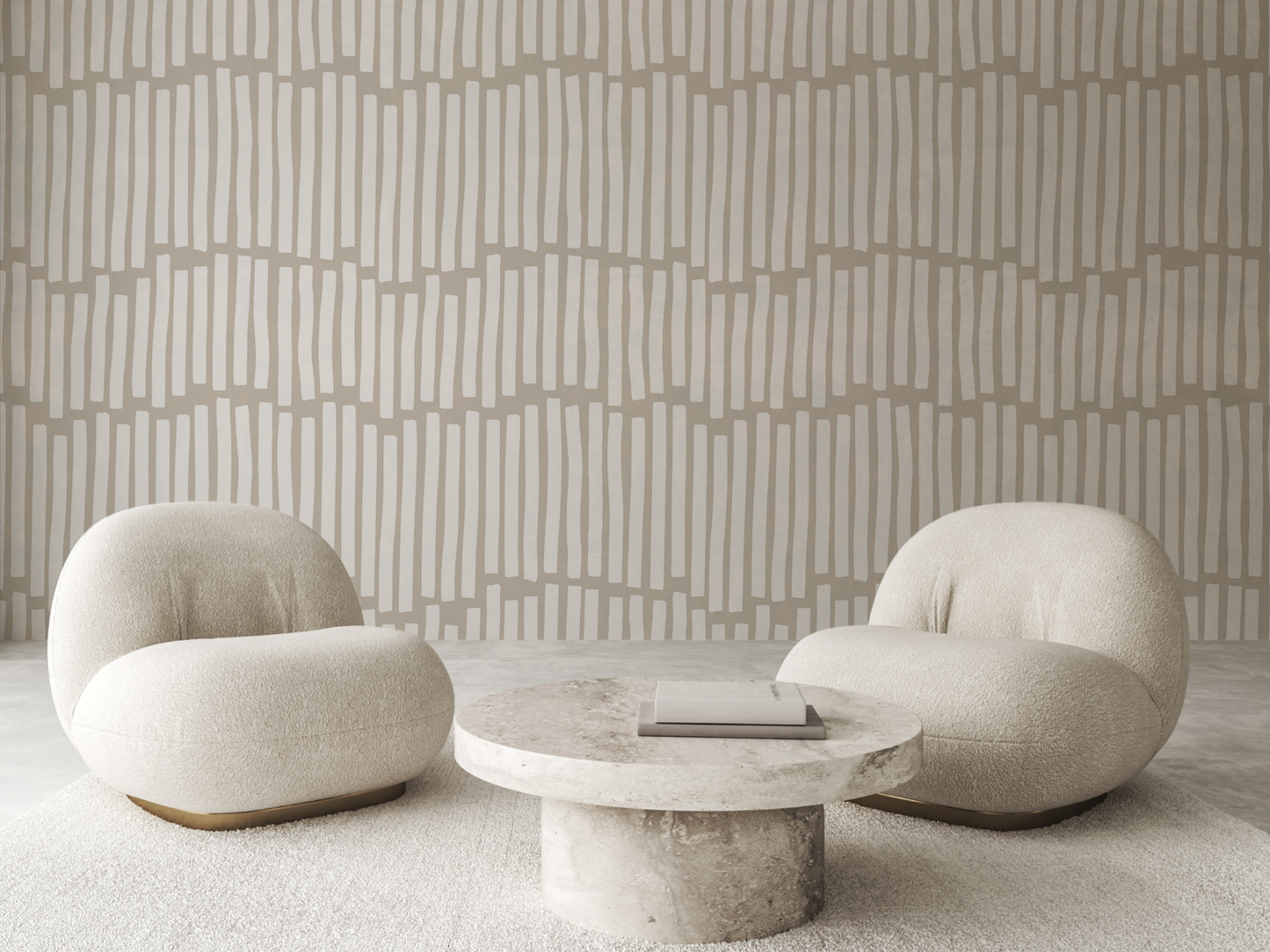 Harmonic Lines Japandi pattern wallpaper, soft vertical reed-inspired stripes on a living room wall