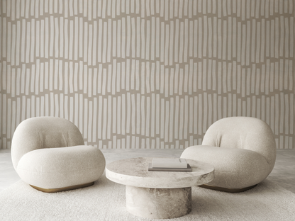 Harmonic Lines Japandi pattern wallpaper, soft vertical reed-inspired stripes on a living room wall