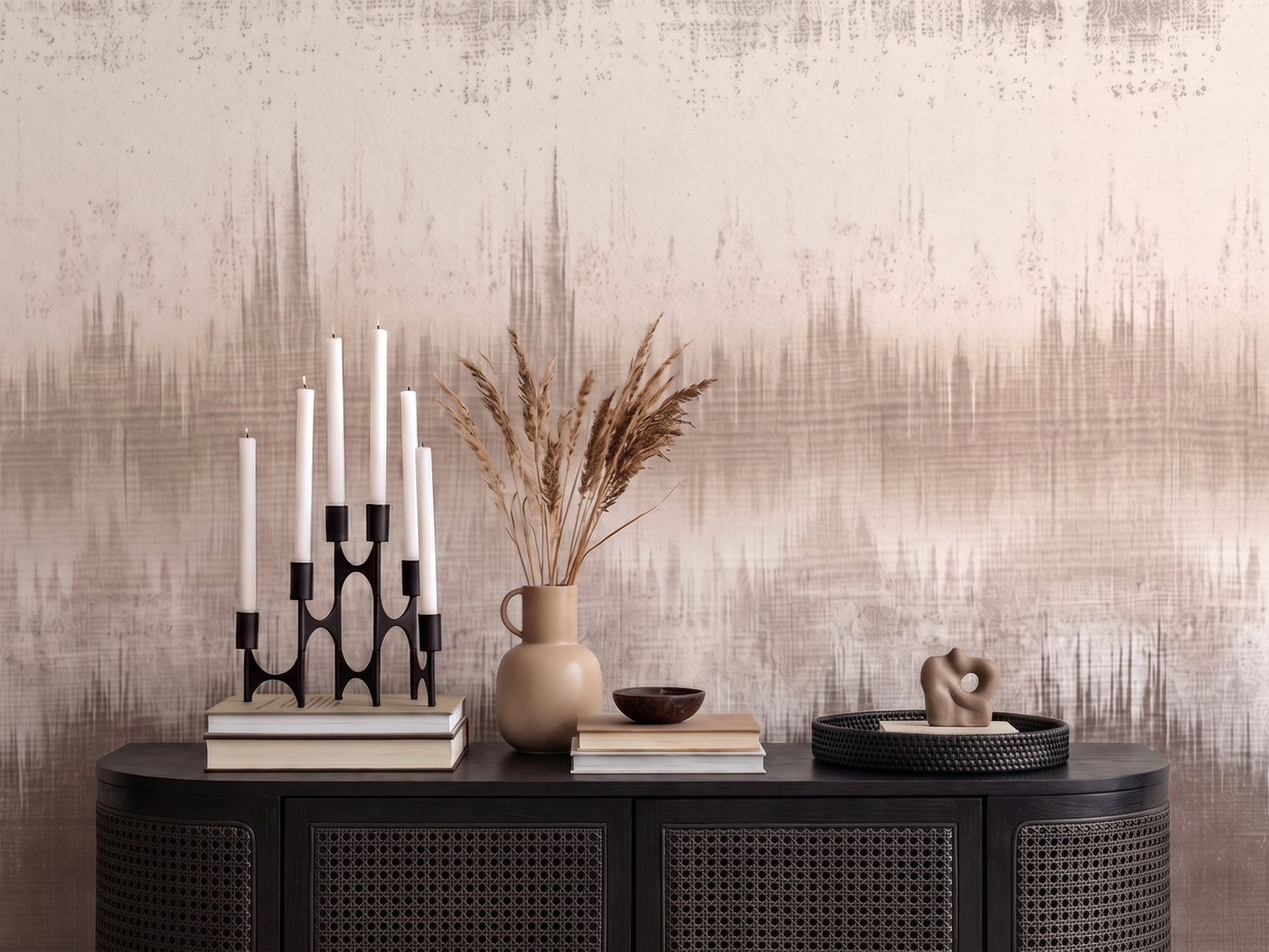 Hibiki Horizon Japandi mural wallpaper styled in a bedroom setting
