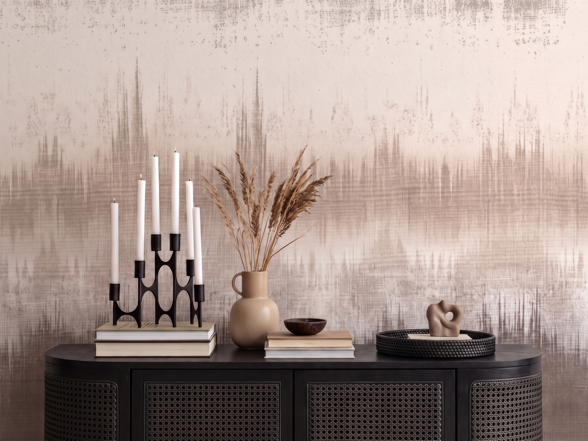 Hibiki Horizon Japandi mural wallpaper styled in a bedroom setting