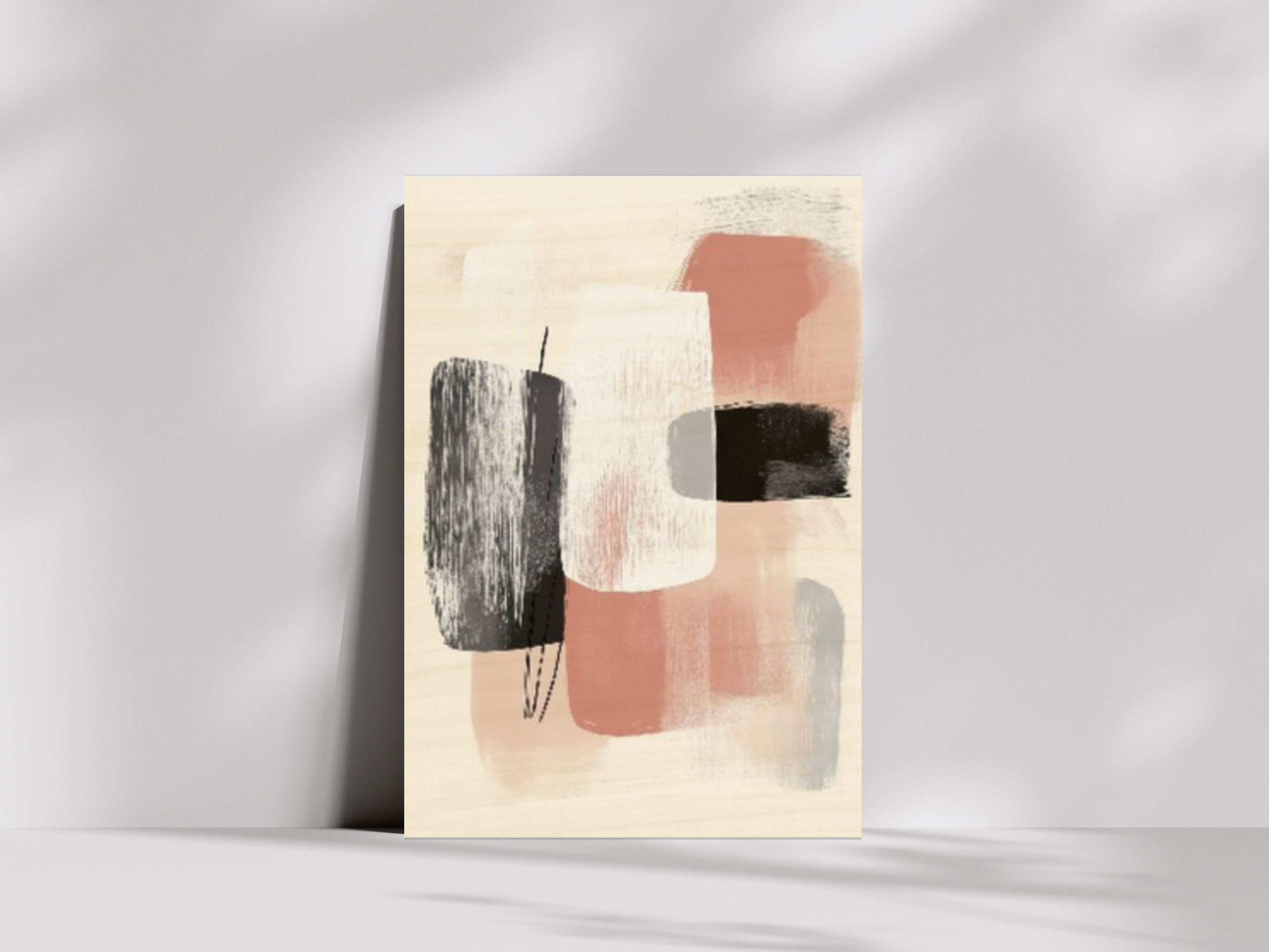 Hina Palette Japandi wooden wall art, layered brush shapes in clay and charcoal on a living room wall
