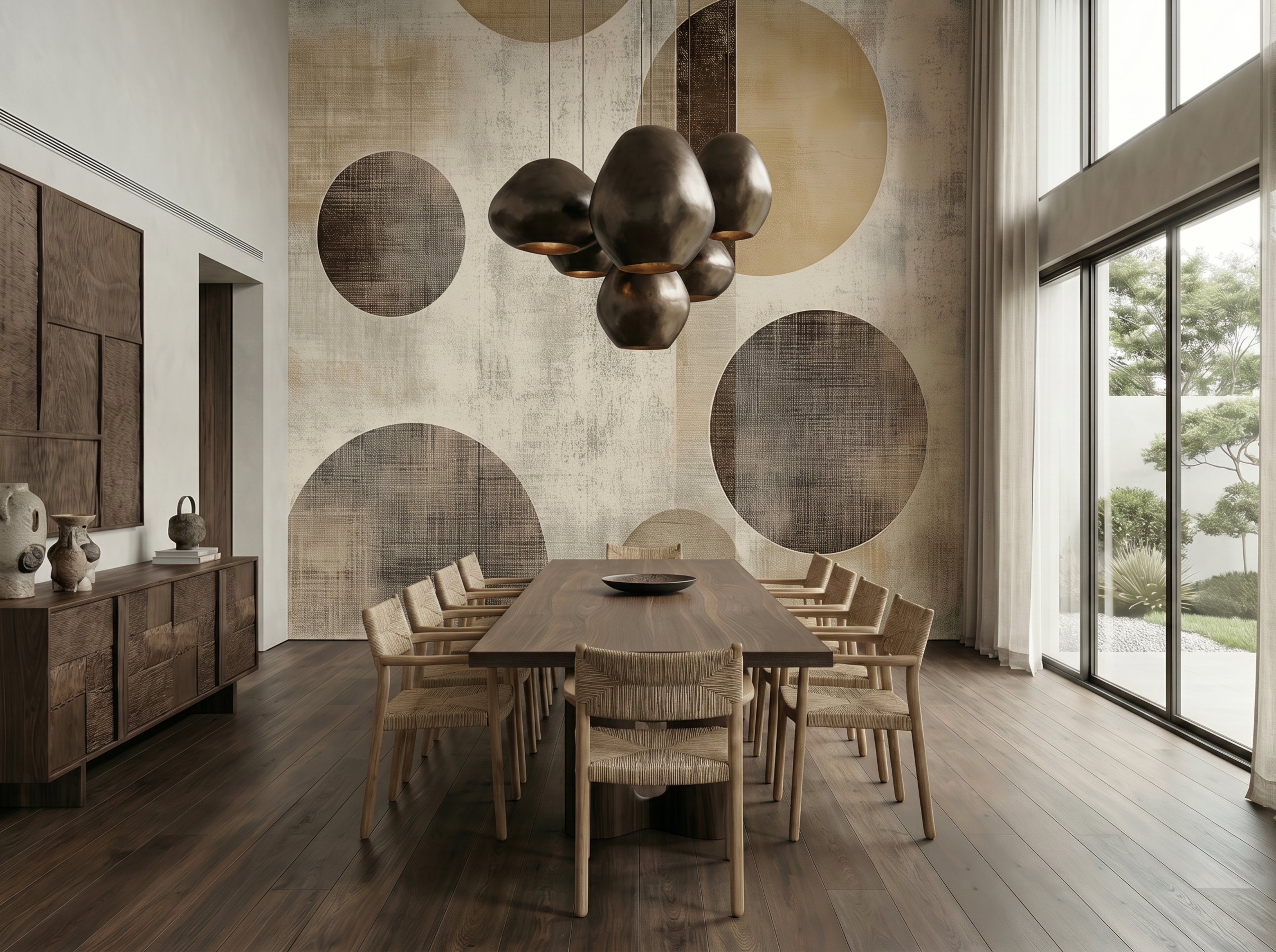 Hisa Balance Japandi mural wallpaper, soft balanced circular forms in neutral tones on a home office wall