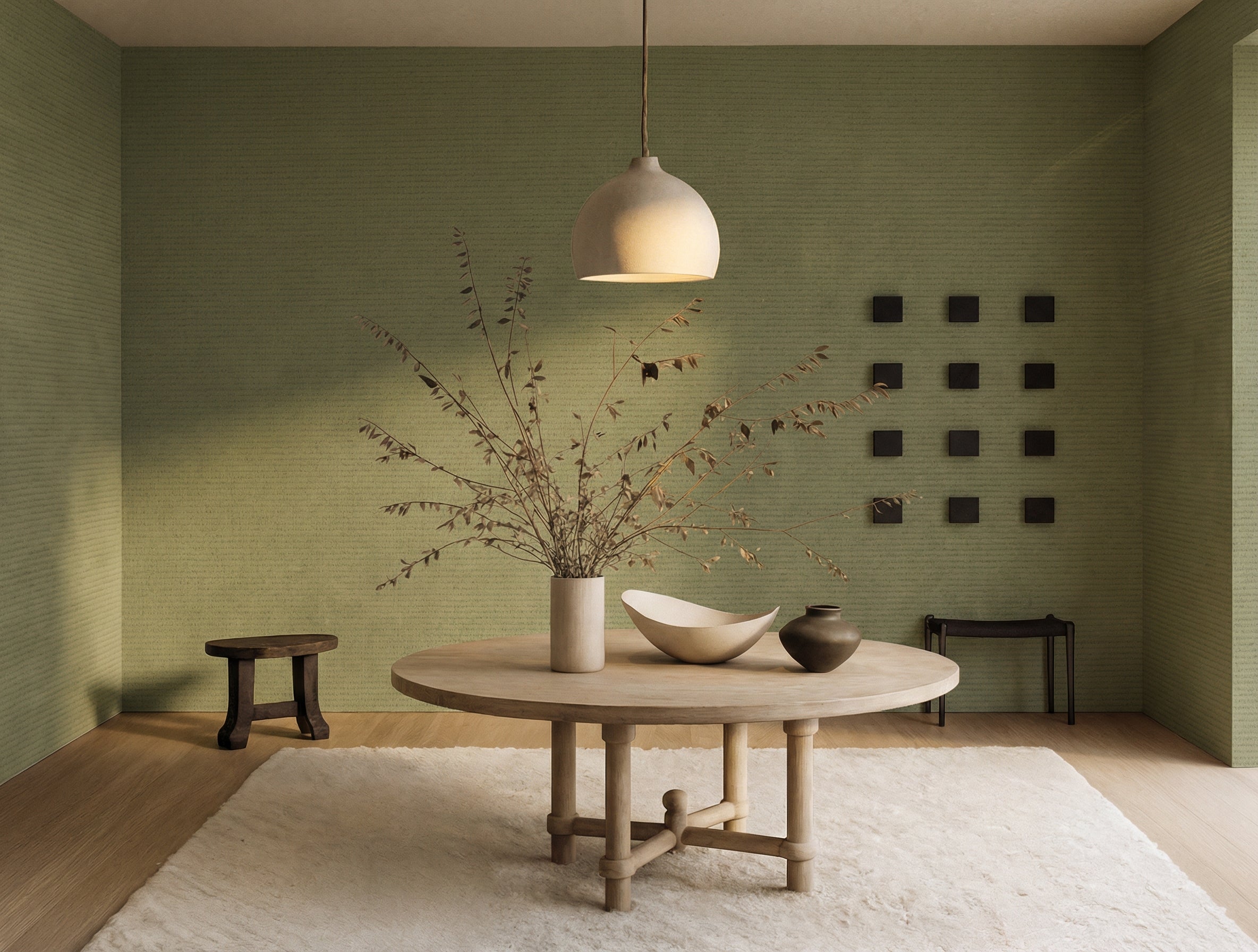 Hiwacha Japandi quiet colour wallpaper, soft fresh green hue on a living room wall
