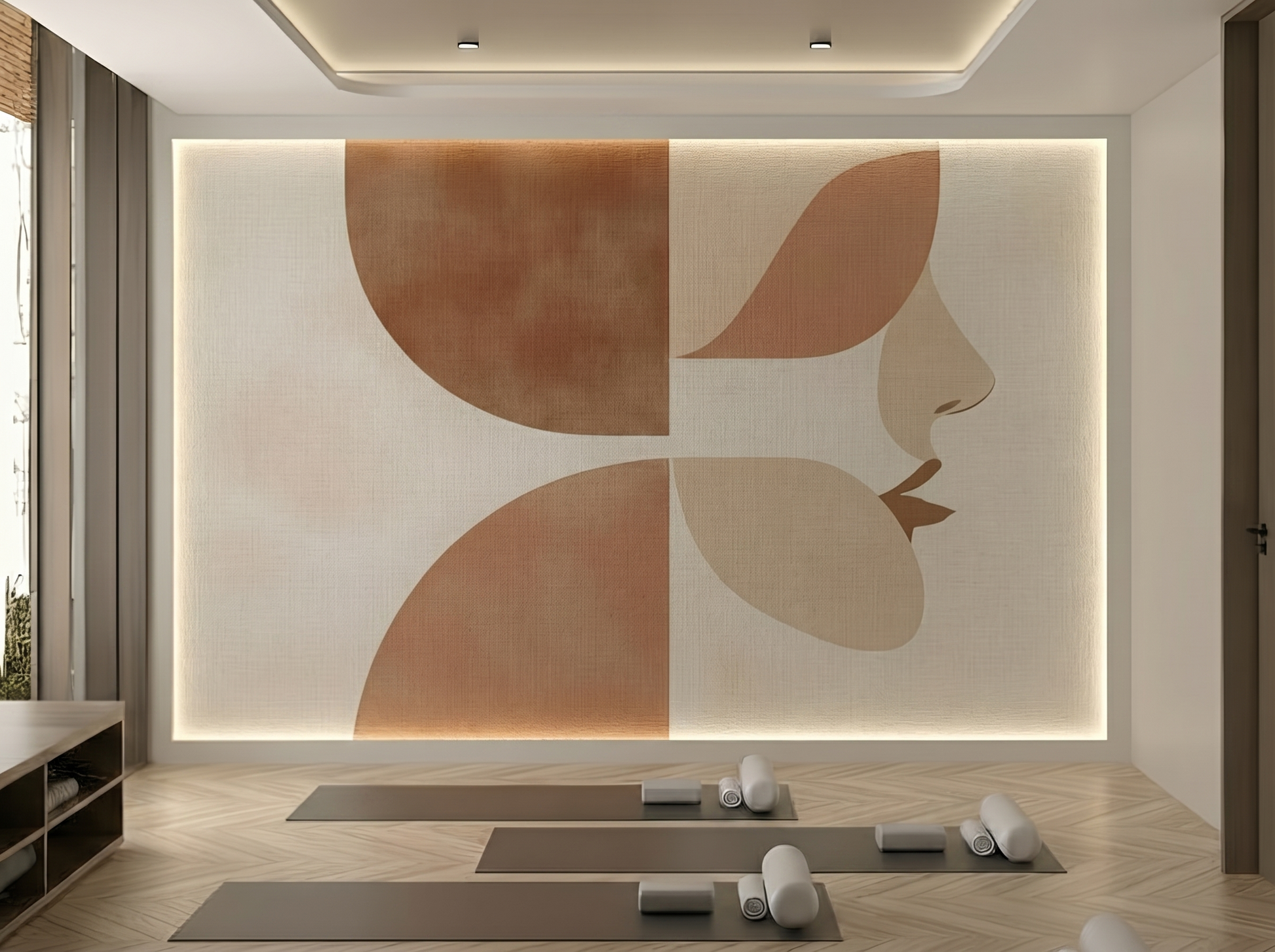 Itsuki Bloom Japandi wall mural, soft sculptural rooted forms in neutral tones on a wellness studio wall