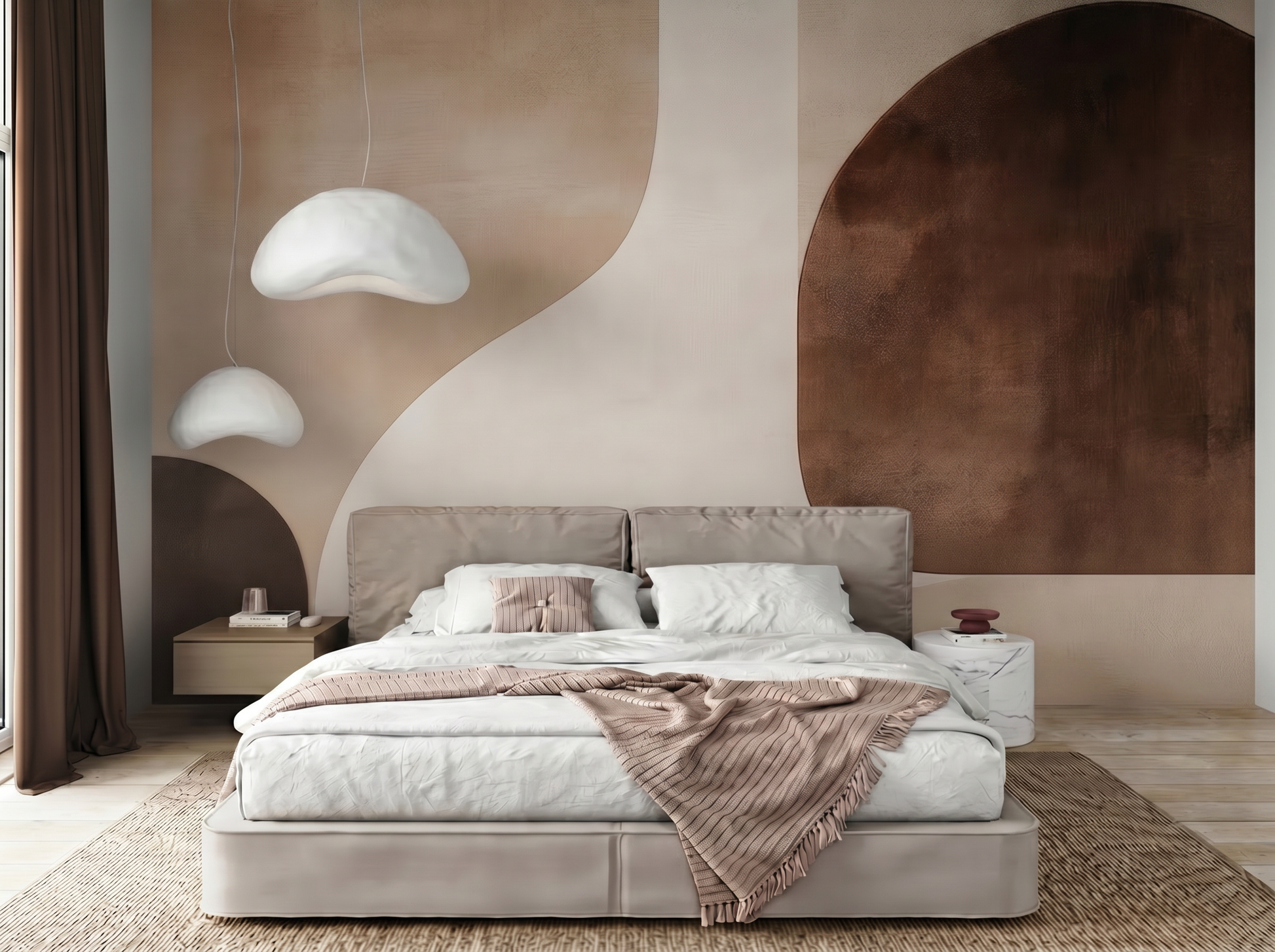 Jin Soft Japandi mural wallpaper, soft gentle curves in warm earthy tones on a bedroom wall