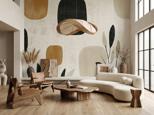 Close-up of Jun Leaf mural wallpaper showing botanical leaf silhouette detail