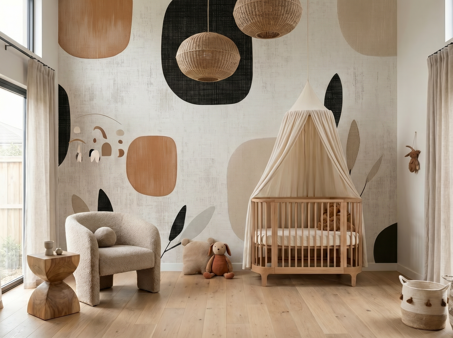 Jun Leaf Japandi mural wallpaper, soft leaf silhouettes in neutral tones on a bedroom wall